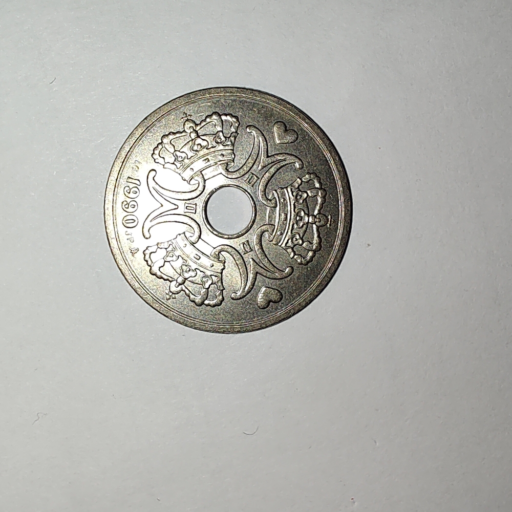 Scandinavian 1990 Coin with Center Hole - Silver Tone